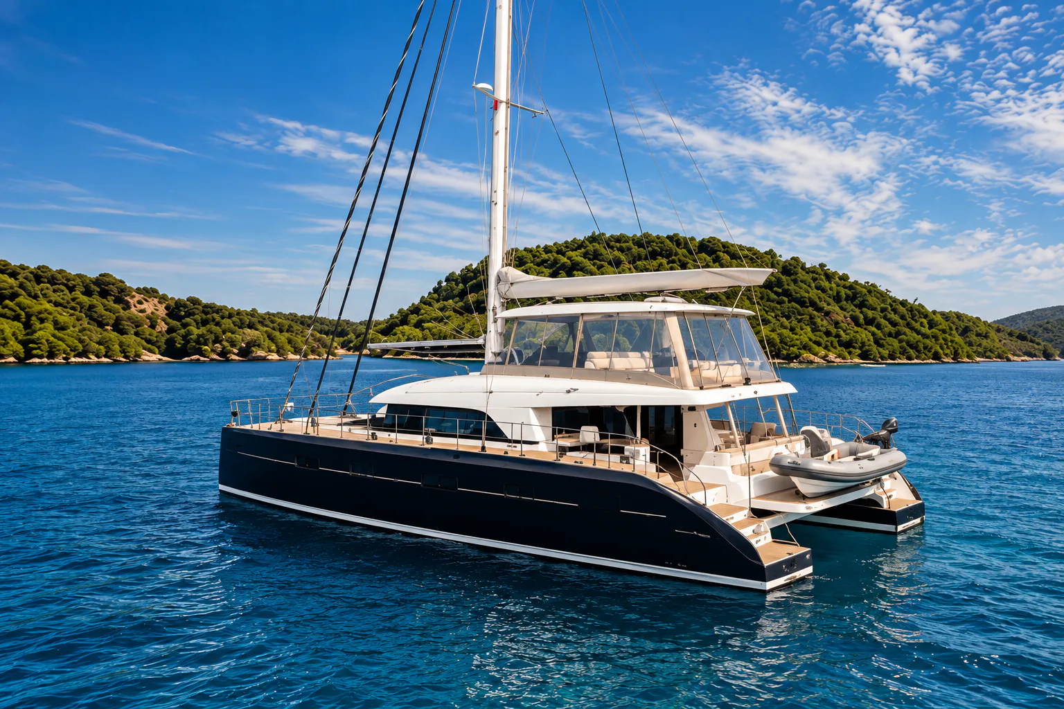 Big Picture, a Lagoon SIXTY 5 catamaran at anchor in clear water