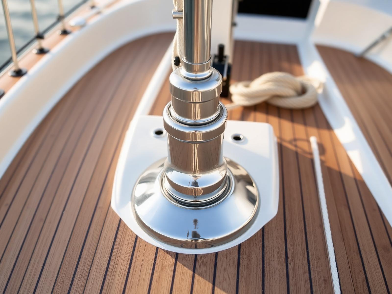 Detail of a sailing yacht deck with teak planking and polished stainless fittings